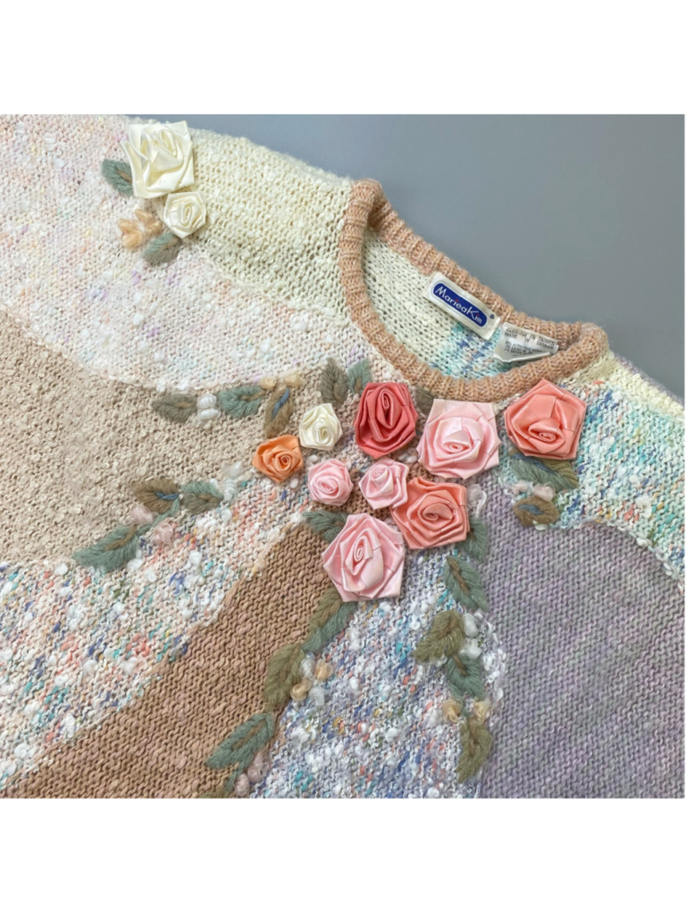 Mariea Kim Sweater Large* Vintage Pastel Floral Boucle Batwing Coquette Taiwan